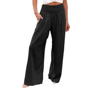 Linen Trousers Womens Elastic Waist Wide Leg Trousers High Waisted Palazzo Pants Lightweight Breathable Cotton Linen Pants Ladies Baggy Solid Color Casual Trouser With Pockets for Yoga Beach Travel