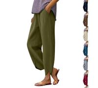 Linen Trousers Women's High Waist Cotton Linen Trousers with Drawstring and Pockets Elegant Fabric Trousers Loose Casual Wide Leg Lightweight Comfortable Leisure Trousers Beach Trousers, Black Green