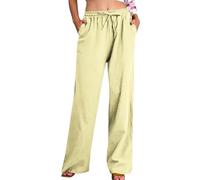 Linen Trousers Womens,Ladies Summer Cotton Linen Trousers Drawstring Elastic Waist Straight Wide Leg Lounge Pants Pockets High Waisted Palazzo Pants Loose Fit Bottoms UK Days of Prime
