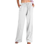 Linen Trousers Womens,Ladies Summer Cotton Linen Trousers Drawstring Elastic Waist Straight Wide Leg Lounge Pants Pockets High Waisted Palazzo Pants Loose Fit Bottoms UK Days of Prime