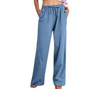 Linen Trousers Womens,Ladies Summer Cotton Linen Trousers Drawstring Elastic Waist Straight Wide Leg Lounge Pants Pockets High Waisted Palazzo Pants Loose Fit Bottoms UK Days of Prime