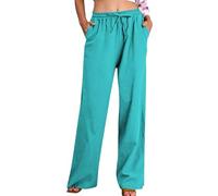 Linen Trousers Womens,Ladies Summer Cotton Linen Trousers Drawstring Elastic Waist Straight Wide Leg Lounge Pants Pockets High Waisted Palazzo Pants Loose Fit Bottoms UK Days of Prime
