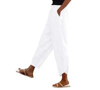 Linen Trousers Women's Long Casual Wide Leg Cotton Linen Trousers with Drawstring High Waist Palazzo Trousers Loose Plain Beach Trousers with Pockets for Home, Wellness & Holidays, 01-2-White, XXL
