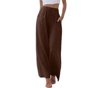 Linen Trousers Womens Long Leg Summer Palazzo Pants High Waisted Wide Leg Pants Casual Ladies Summer Loose Fit Beach Flowy Elastic Waist Trousers (Coffee, S)