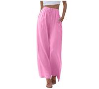 Linen Trousers Womens Long Leg Summer Palazzo Pants High Waisted Wide Leg Pants Casual Ladies Summer Loose Fit Beach Flowy Elastic Waist Trousers (Pink, XL)
