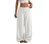 Linen Trousers Womens Low Rise - Ladies Wide Leg Trousers Elasticated Waist Lightweight Comfy Loose Trousers Summer Casual Drawstring Pants Breathable Cotton Linen Trousers Lounge Pants