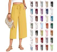 Linen Trousers Womens Palazzo 3/4 Cropped Trousers with Pockets Boho Three Quarter Length Capris Pants Elastic Waist Casual Yoga Work Beach Pants Ladies Cotton Culottes Holiday Clothes Plus Size