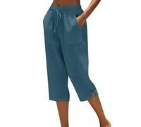 Linen Trousers Womens,Petite Comfy Summer Three Quarter Length Trousers Stretchy Drawstring Waist Straight Leg Lounge Yoga Beach Capris Pants with Pockets