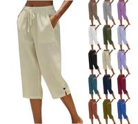 Linen Trousers Womens,Petite Comfy Summer Three Quarter Length Trousers Stretchy Drawstring Waist Straight Leg Lounge Yoga Beach Capris Pants with Pockets Khaki