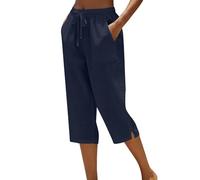 Linen Trousers Womens,Petite Comfy Summer Three Quarter Length Trousers Stretchy Drawstring Waist Straight Leg Lounge Yoga Beach Capris Pants with Pockets Navy