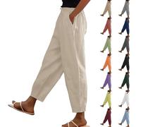 Linen Trousers Womens Petite Summer Elasticated Waist Short Leg Loose Cotton 3/4 Lounge Pants Plain Capri Casual Straight Leg Bottoms with Pockets, Womens Linen Trousers Beige XL