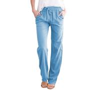 Linen Trousers Womens Plus Size,Summer Trousers for Women UK Cotton Linen Drawstring Elastic Waist Pants Business Work Slacks Loose Straight Tapered Leg Beach Yoga Pants Blue