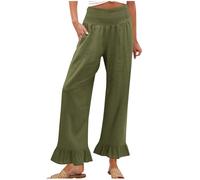 Linen Trousers Womens Sale, Elasticated Waist Ruffle Hem Trousers Summer Trouser Wide Leg Palazzo Pants Lightweight with Pockets Solid Casual Loose Holiday Beach Pants Bottoms Plus Size Army Green