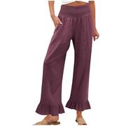 Linen Trousers Womens Sale, Elasticated Waist Ruffle Hem Trousers Summer Trouser Wide Leg Palazzo Pants Lightweight with Pockets Solid Casual Loose Holiday Beach Pants Bottoms Plus Size Purple