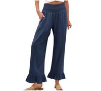 Linen Trousers Womens Sale, Elasticated Waist Ruffle Hem Trousers Summer Trouser Wide Leg Palazzo Pants Lightweight with Pockets Solid Casual Loose Holiday Beach Pants Bottoms Plus Size
