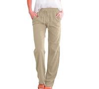 Linen Trousers Womens Slim Leg Elastic Waist Trousers for Women Casual Summer Beach Pants Drawstring Ladies Wide Leg Pants with Pockets (Beige, XXL)