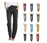 Linen Trousers Womens Slim Leg Elastic Waist Trousers for Women Casual Summer Beach Pants Drawstring Ladies Wide Leg Pants with Pockets (Black, S)