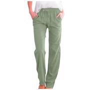 Linen Trousers Womens Slim Leg Elasticated Waist Trousers Casual Drawstring Straight Leg Cotton Linen Pants with Pockets Summer Beach Palazzo Pant (Green, S)