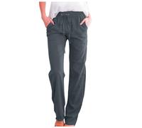 Linen Trousers Womens Slim Leg Elasticated Waist Trousers Casual Drawstring Straight Leg Cotton Linen Pants with Pockets Summer Beach Palazzo Pant (Grey, S)