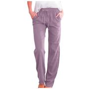 Linen Trousers Womens Slim Leg Elasticated Waist Trousers Casual Drawstring Straight Leg Cotton Linen Pants with Pockets Summer Beach Palazzo Pant (Purple, S)