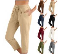 Linen Trousers Womens Straight Leg 3/4 Length Capri Pant with Pockets Drawstring Elastic Waist Summer Loose Fit Casual Pants Comfy Lightweight Bottom Joggers for Travel Work Walk
