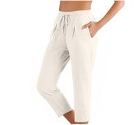 Linen Trousers Womens Straight Leg 3/4 Length Capri Pant with Pockets Drawstring Elastic Waist Summer Loose Fit Casual Pants Comfy Lightweight Bottom Joggers for Travel Work Walk