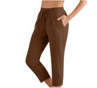 Linen Trousers Womens Straight Leg 3/4 Length Capri Pant with Pockets Drawstring Elastic Waist Summer Loose Fit Casual Pants Comfy Lightweight Bottom Joggers for Travel Work Walk