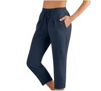 Linen Trousers Womens Straight Leg 3/4 Length Capri Pant with Pockets Drawstring Elastic Waist Summer Loose Fit Casual Pants Comfy Lightweight Bottom Joggers for Travel Work Walk