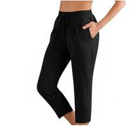 Linen Trousers Womens Straight Leg 3/4 Length Capri Pant with Pockets Drawstring Elastic Waist Summer Loose Fit Casual Pants Comfy Lightweight Bottom Joggers for Travel Work Walk