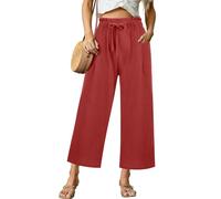 Linen Trousers Women's Summer Casual Lightweight Palazzo Trousers High Waist Plain Linen Casual Trousers Wide Leg Summer Trousers with Pockets Drawstring Elastic Waist Airy Beach Trousers Comfortable