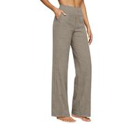 Linen Trousers Womens Summer Cotton Drawstring Elasticated Wide Leg Trouser Ladies Lounge Pants Elasticated Waist Loose Fit Plain Cotton Linen Straight Leg Work Going Out Beach Pants with Pockets