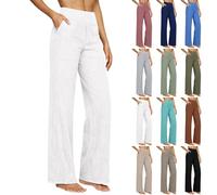 Linen Trousers Womens Summer Cotton Drawstring Elasticated Wide Leg Trouser Ladies Lounge Pants Elasticated Waist Loose Fit Plain Cotton Linen Straight Leg Work Going Out Beach Pants with Pockets
