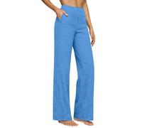 Linen Trousers Womens Summer Cotton Drawstring Elasticated Wide Leg Trouser Ladies Lounge Pants Elasticated Waist Loose Fit Plain Cotton Linen Straight Leg Work Going Out Beach Pants with Pockets