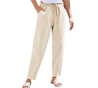 Linen Trousers Womens Summer Elastic Waist Drawstring Tapered Trousers Casual Straight Leg Plus Size Cropped Pants with Pockets (Beige,XXL)
