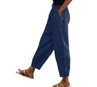 Linen Trousers Womens Tapered Short Leg Petite Pants with Pockets Casual Summer Lightweight Elasticated Waist Cotton Linen Trouser witn Drawstring Ankle Grazer Lounge Pant Blue