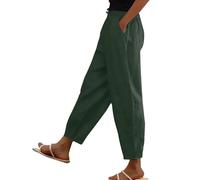Linen Trousers Womens Tapered Short Leg Petite Pants with Pockets Casual Summer Lightweight Elasticated Waist Cotton Linen Trouser witn Drawstring Ankle Grazer Lounge Pant Dark Green
