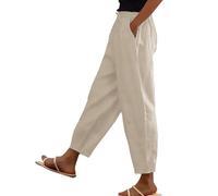 Linen Trousers Womens Tapered Short Leg Petite Pants with Pockets Casual Summer Lightweight Elasticated Waist Cotton Linen Trouser witn Drawstring Ankle Grazer Lounge Pant Beige