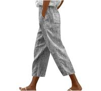 Linen Trousers Womens UK Clearance Elasticated Waist Cropped Trousers Floral Print Lounge Pants Comfy Loose Casual Walking Pants Bottoms with Pockets Hawaiian Trouser