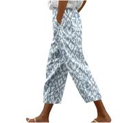 Linen Trousers Womens UK Clearance Elasticated Waist Cropped Trousers Floral Print Lounge Pants Comfy Loose Casual Walking Pants Bottoms with Pockets Hawaiian Trouser
