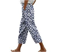 Linen Trousers Womens UK Clearance Elasticated Waist Cropped Trousers Floral Print Lounge Pants Comfy Loose Casual Walking Pants Bottoms with Pockets Hawaiian Trouser