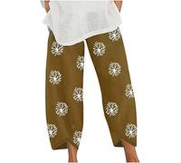 Linen Trousers Womens UK Clearance, Ladies Baggy Harem Trousers Loose Cotton Linen Printed Pants Wide Leg Smocked High Waisted Soft Boho Yoga Pants Summer Spring Beach Party Tracksuit Bottoms