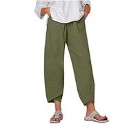 Linen Trousers Womens UK Petite Capri Pants Casual Loose Summer Boho Plain Cropped Trousers Stretchy Elastic Waist Lounge Summer Beach Yoga Pants Ladies 3/4 Length Trousers with Pockets