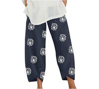 Linen Trousers Womens UK Sale Clearance, Ladies Baggy Harem Trousers Loose Cotton Linen Printed Pants Wide Leg Smocked High Waisted Soft Boho Yoga Pants Summer Spring Beach Party Tracksuit Bottoms