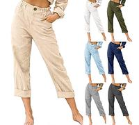Linen Trousers Womens UK Sale Clearance, Plain Pants Elastic High Waist Bottoms Straight Leg Joggers, Ladies Loose Fit Trouser Casual Solid Color Pant Lightweight Comfy Chino Bottom with Pockets
