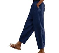 Linen Trousers Womens UK Solid Color Elasticated Waist Trouser Ladies Summer Lounge Pants Plain Loose Fit Capri Pant Casual Straight Leg Bottoms with Pockets Lightweight Cropped Trousers Navy