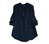 Linen Tunic Tops for Women Plus Size V Neck Long Sleeve T Shirts with Pocket Solid Color Loose Fit Button Blouse Tops Curved Hem Longline Going Out Deals of The Day Sale Prime Navy