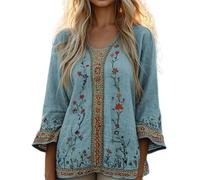 Linen Tunic Tops for Women UK Oversized Bohemian Embroidered Tops Summer 3/4 Sleeve Vintage Loose Elegant Blouses Ladies Beach Leisure Hippie Clothes Retro Floral Pattern Tunics XL, Blue Style#1