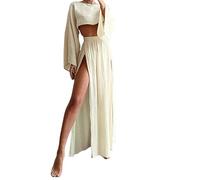 Linen Two Piece Set Women off the Shoulder Top Maxi Skirt Set, 2025 Summer 2 Piece Boho Outfits for Women (Apricot,L)