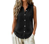 Linen Vest Tops for Women UK Plus Size V-Neck Sleeveless Button Down Collared Muslim Tank Tops Loose Summer Fashion 2026 Casual Office Work Blouses Holiday Wear with Chest Pocket Black