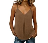 Linen Vest Tops for Women UK Sleeveless V Neck Spaghetti Strap Solid Basic Camisole Tank Tops Loose Summer Pleated Casual Swing Hem Hide Belly Maternity Clothes Going Out Tops UK Coffee